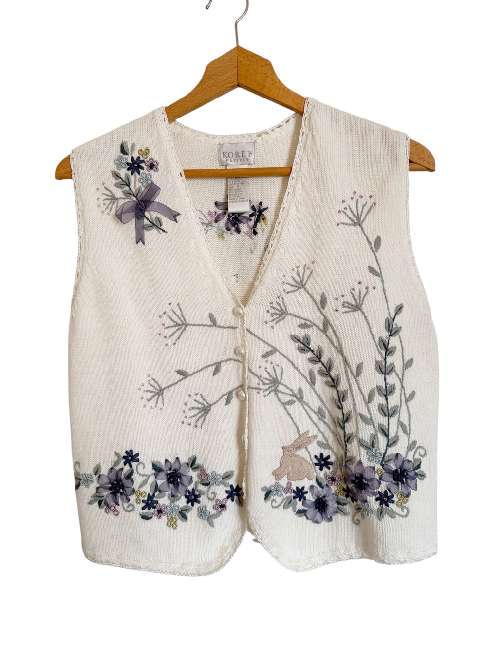 Vintage Koret Floral Ribbon Bunny Cream Cottagecore Knit Sweater Vest size P